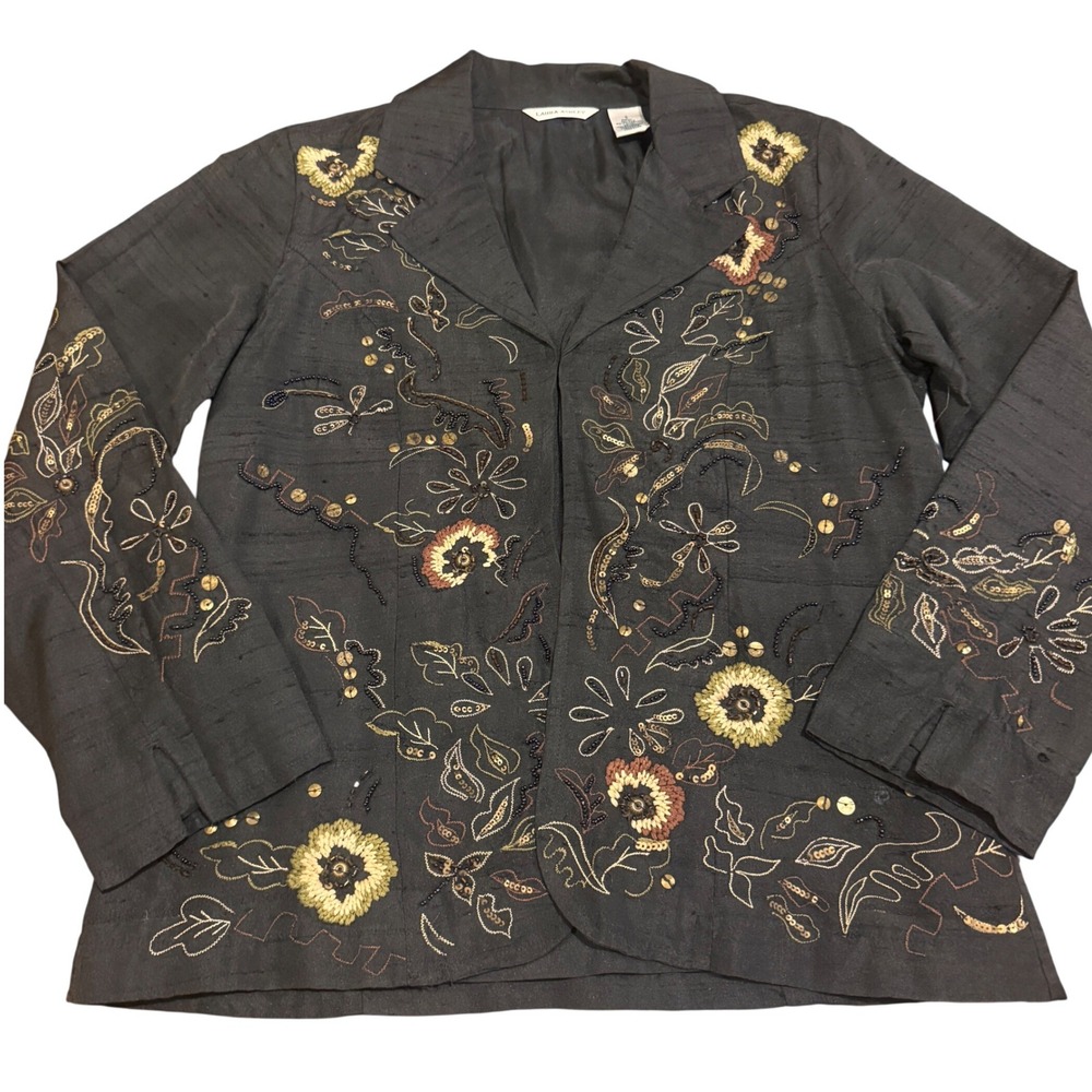 Cottage Garden Goth Silk Blend Embroidered Floral Beaded Open Blazer Wmns Small‎